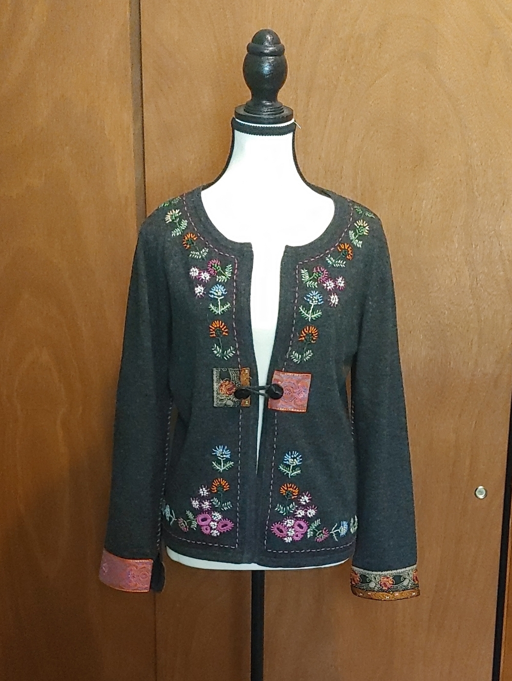 J. Jill Charcoal Embroidered Floral Cardigan with Patch Accents